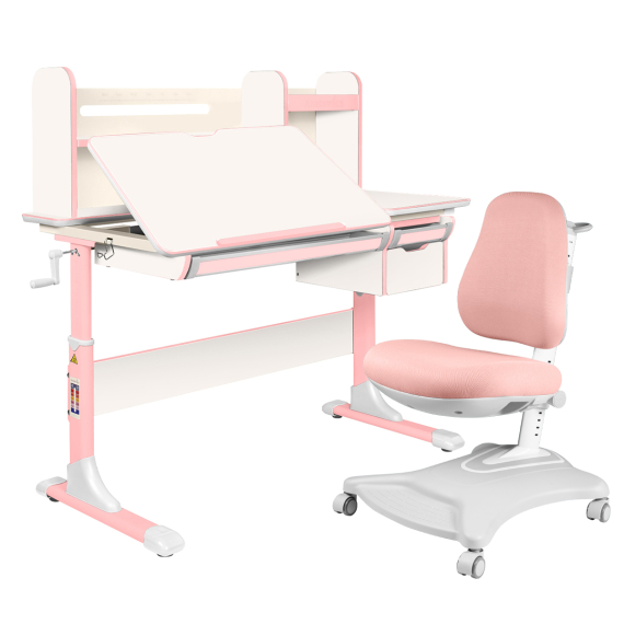 Комплект Anatomica Genius парта + кресло + надстройка + выдвижной ящик + подставка для книг белый/розовый с розовым креслом Robin